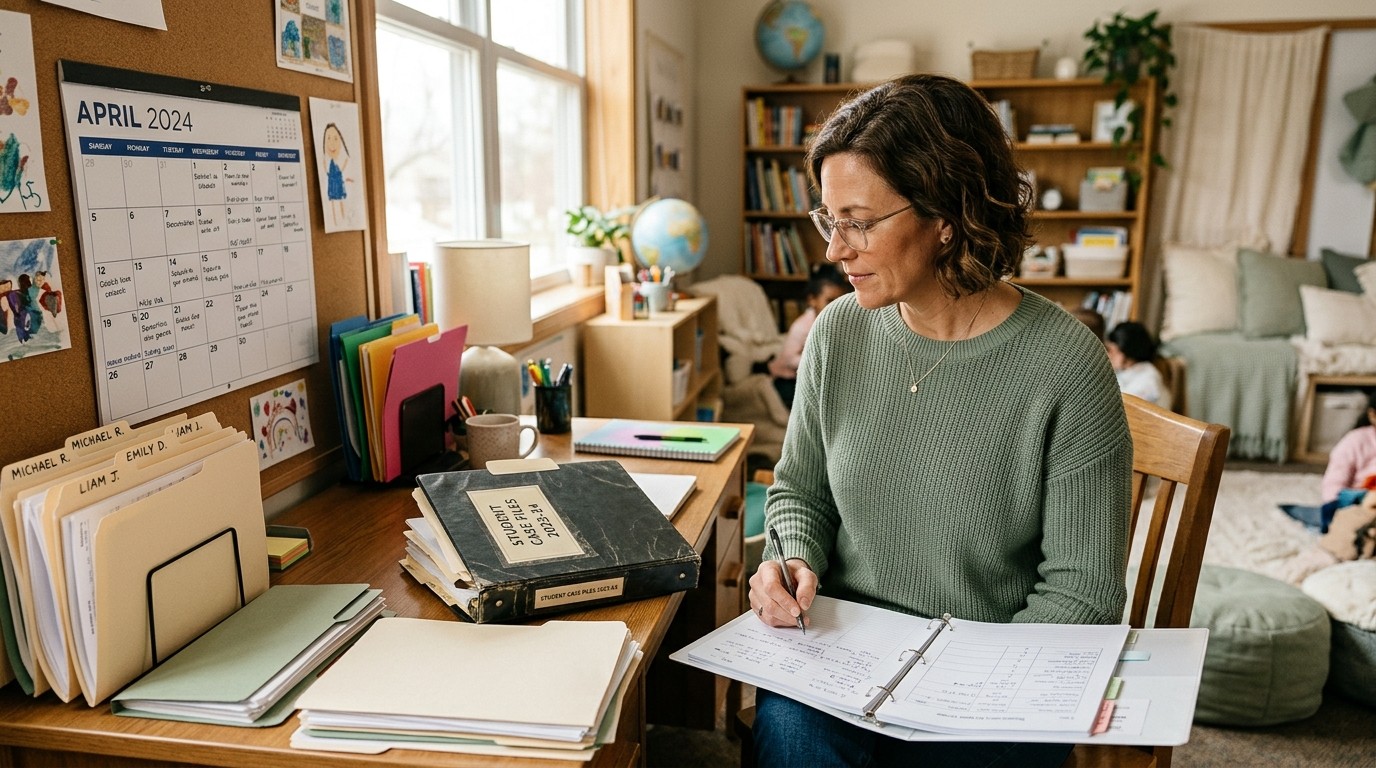Teacher reviewing a case management binder with calendar and student folders at a desk, warm natural light, cream and sage tones