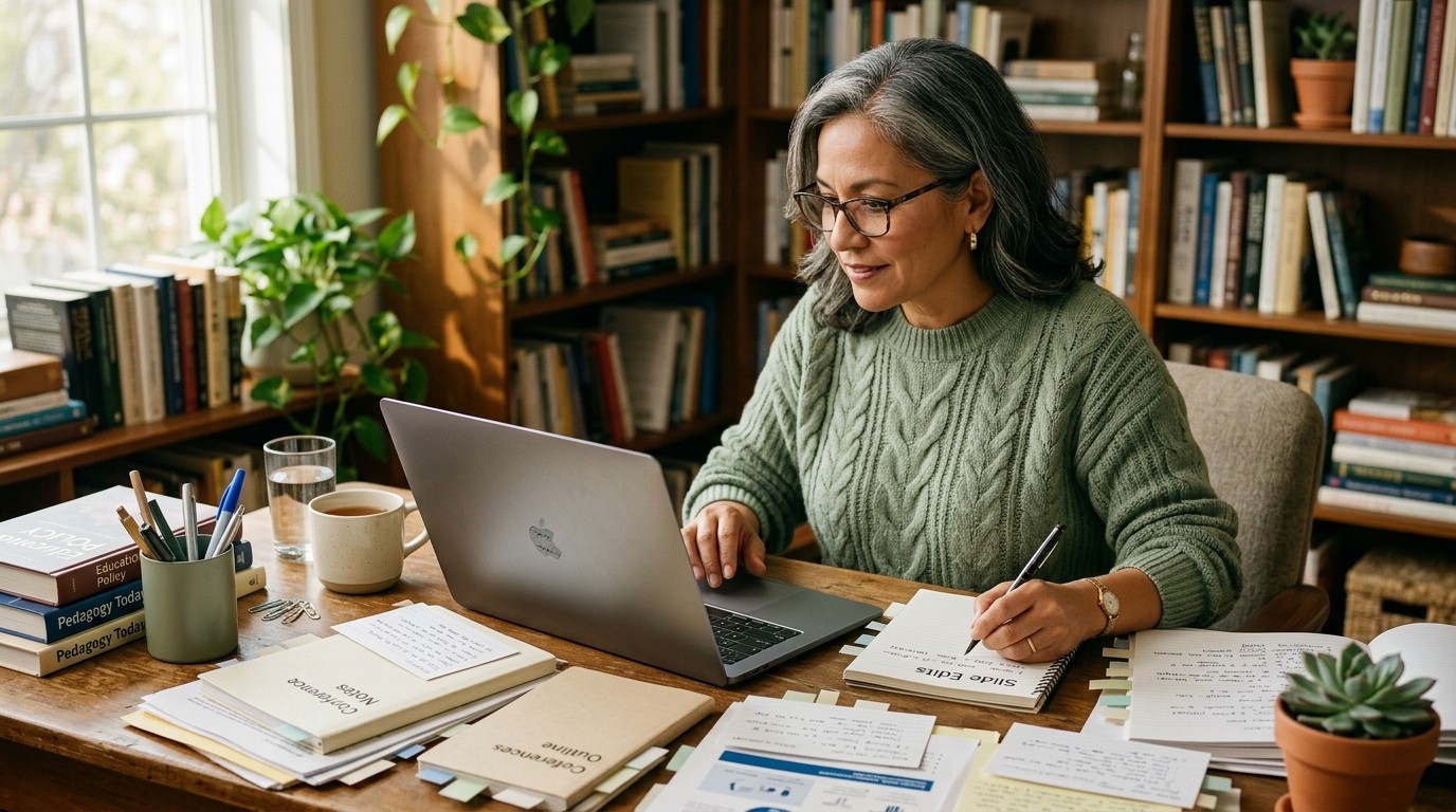 Teacher preparing presentation slides on a laptop at a desk with notes, warm natural light, cream and sage tones