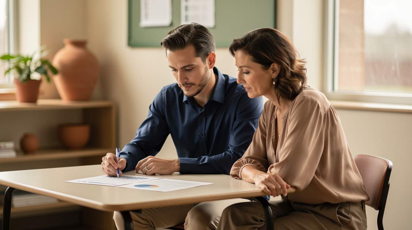 Teacher and parent reviewing a behavior plan document together at a small table, warm editorial light