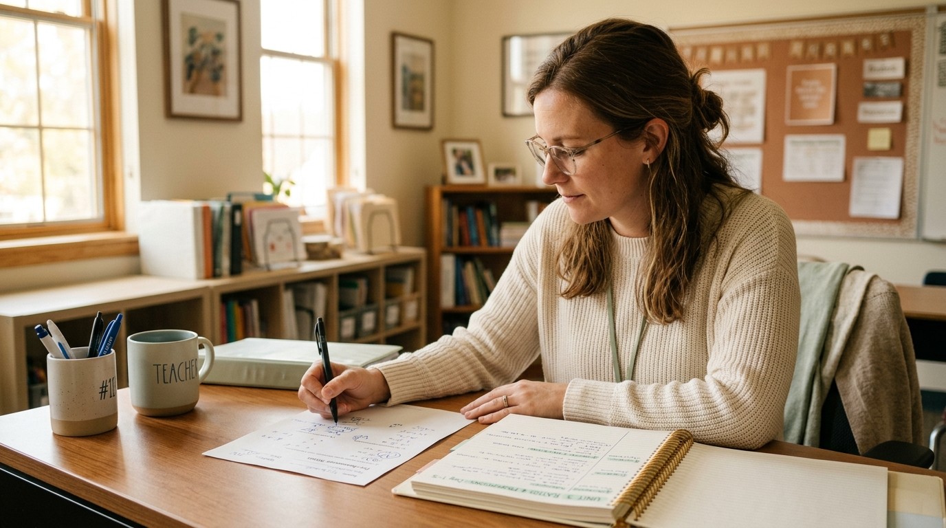 Teacher reviewing a short student pre-assessment quiz at a desk with a unit planning notebook, warm natural light